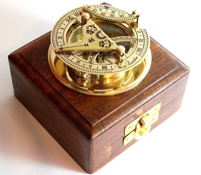 THOR INSTRUMENTS Brass Sundial Compass -Solid Brass Pocket Sundial - West London with Wooden Box Rustic Vintage Home Decor Gifts - Image 1